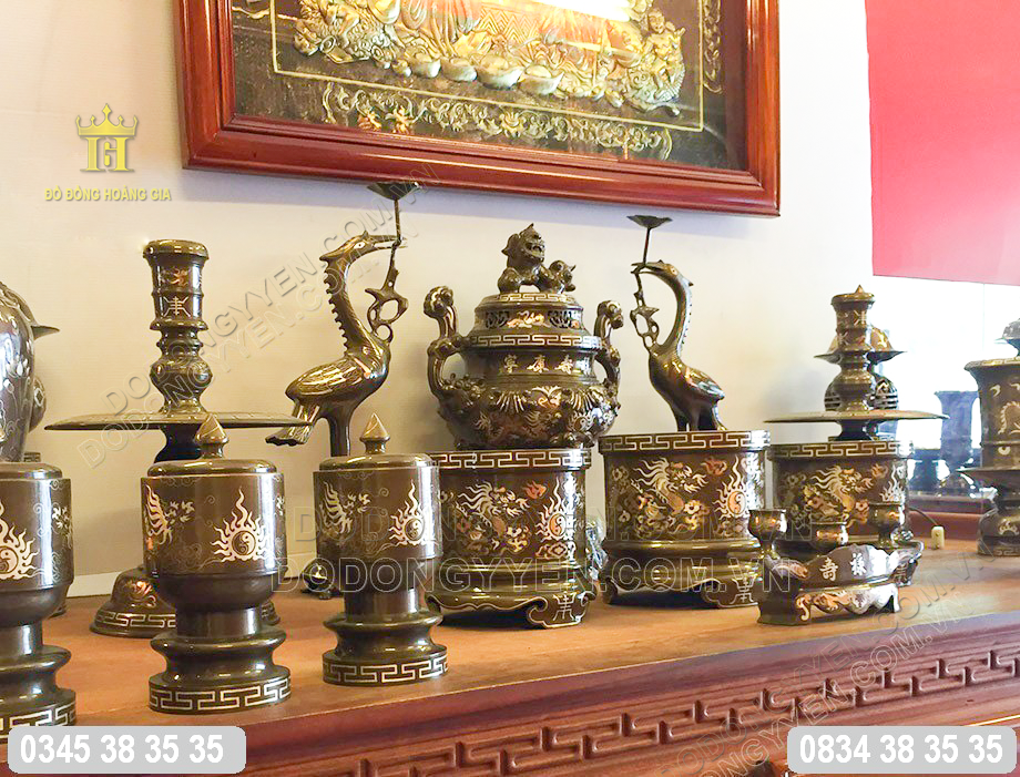 Bộ đồ thờ đồng khảm ngũ sắc cao cấp