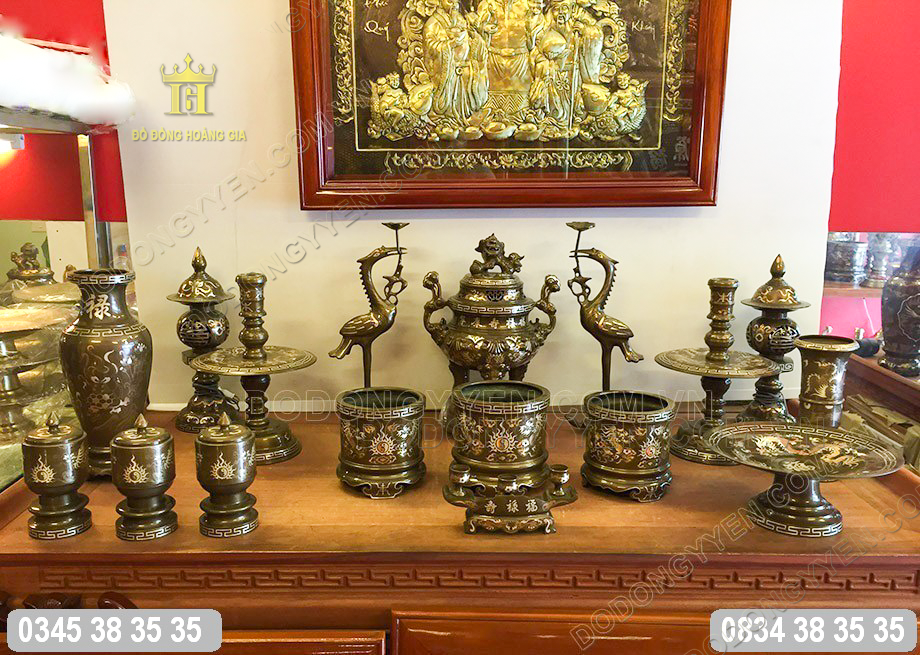 Bộ đồ thờ đồng khảm ngũ sắc đẹp cao cấp