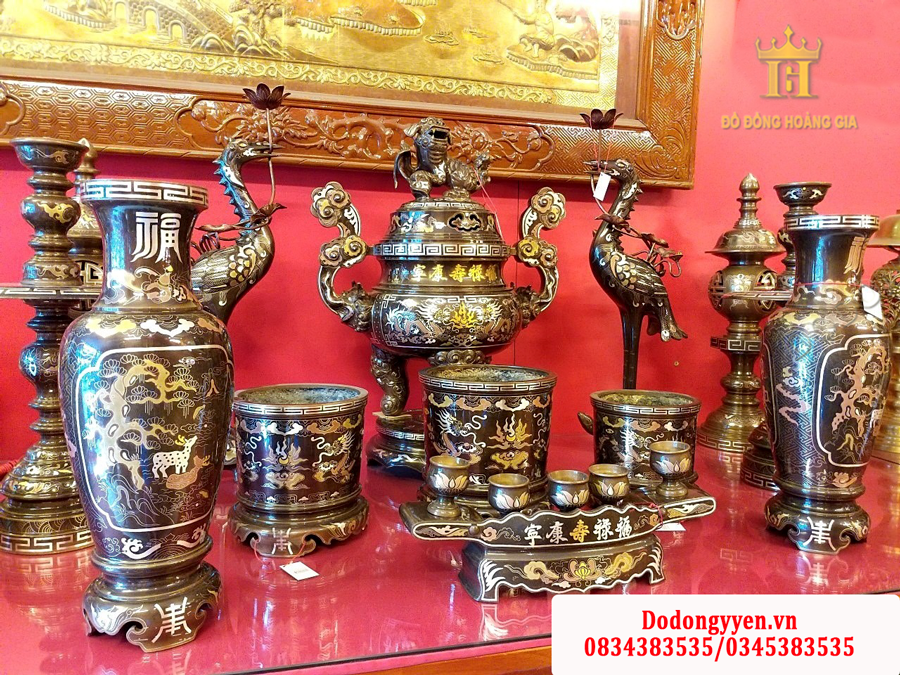 Bộ đồ thờ bằng đồng khảm ngũ sắc cao cấp