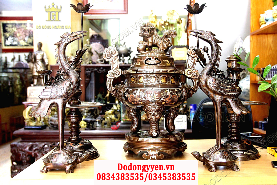 Bộ đồ thờ đồng đỏ khảm ngũ sắc cao cấp