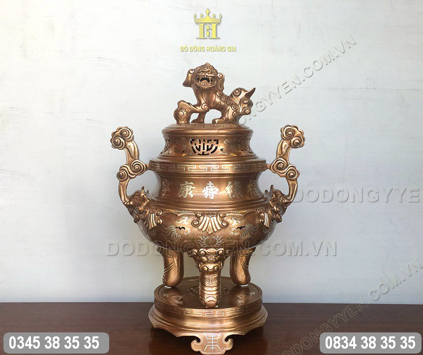Đỉnh đồng thờ cúng bằng đồng đỏ khảm tam khí