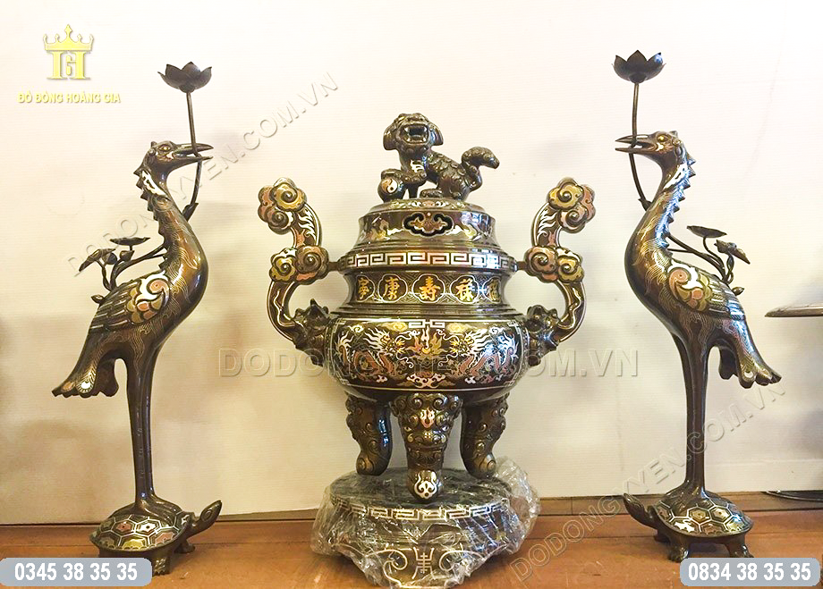 Bộ đồ thờ đồng khảm ngũ sắc cao cấp