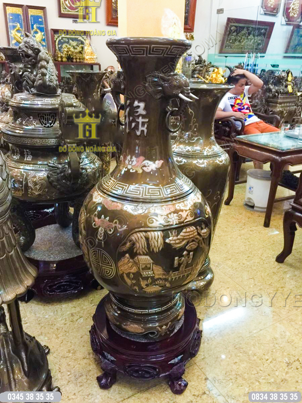 Đôi lọ hoa bằng đồng khảm tam khí cao cấp