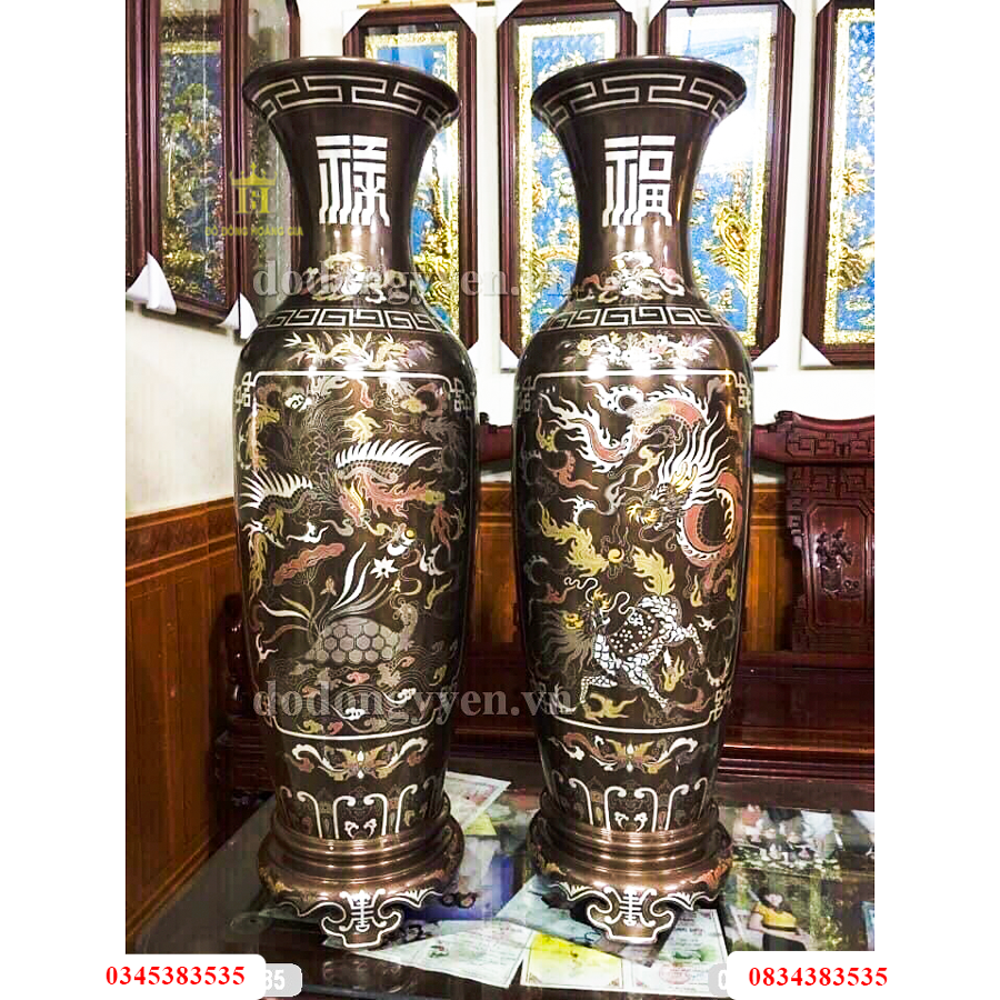 Lọ hoa bằng đồng khảm ngũ sắc cao cấp
