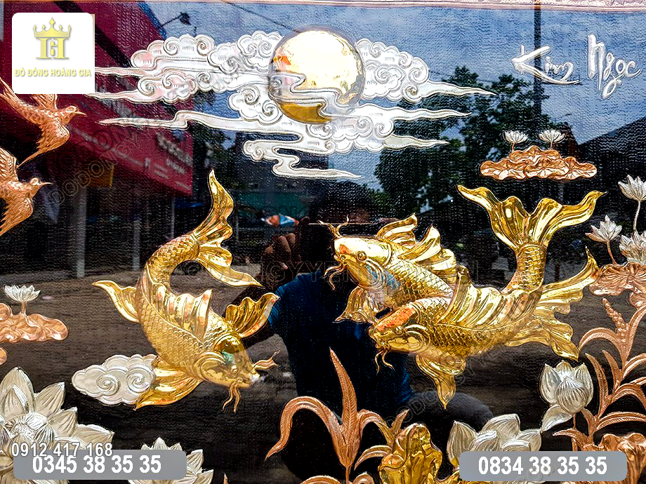 Tranh cá chép bằng đồng khảm tam khí cao cấp