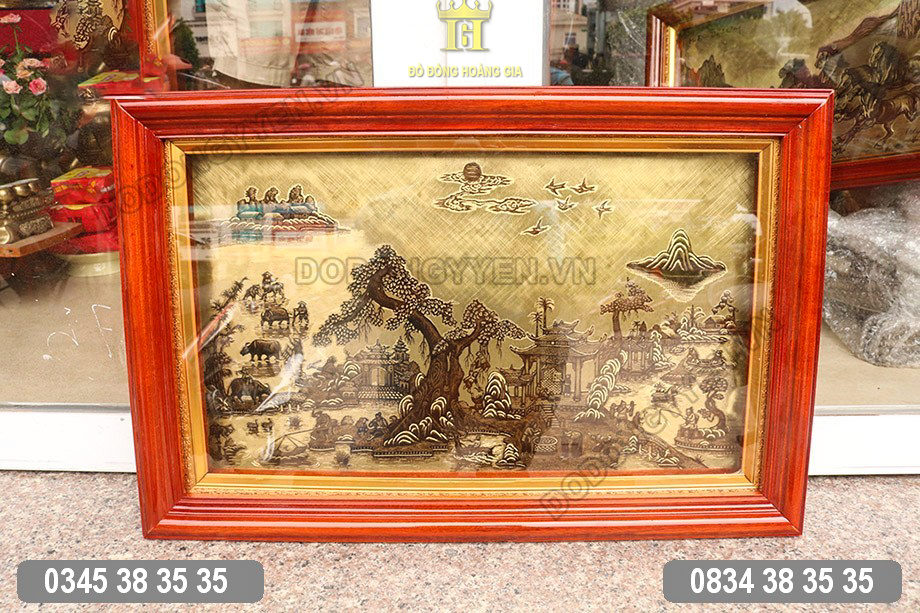 Tranh đồng quê đồng vàng giả cổ khung gỗ tự nhiên