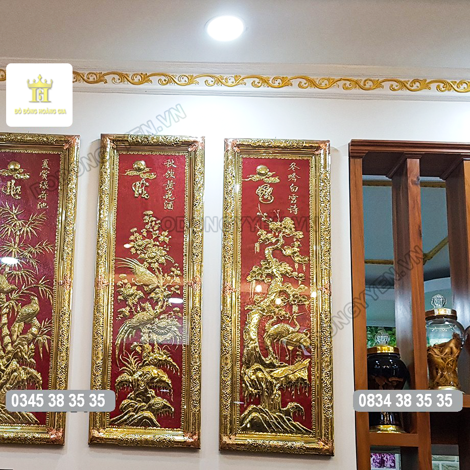 Tranh tứ quý treo phòng khách bằng đồng vàng nguyên chất