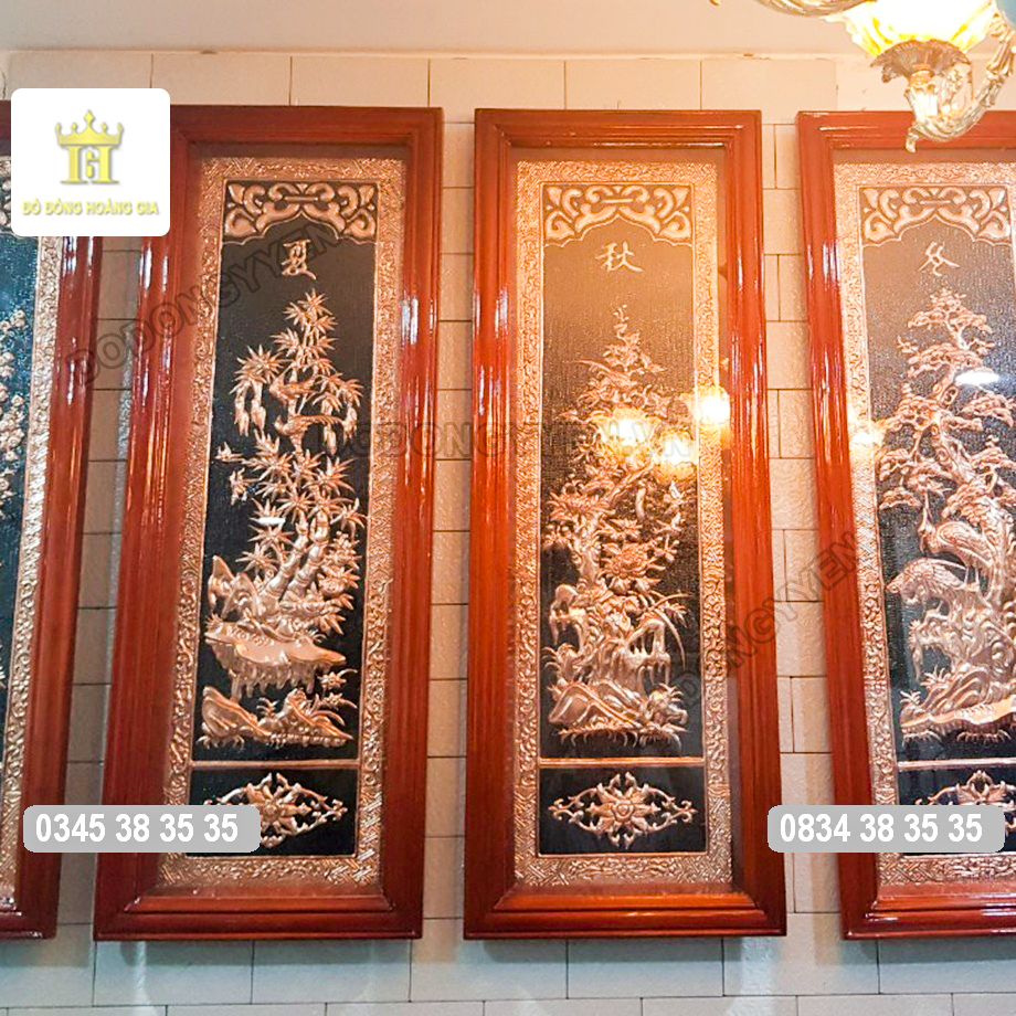 Tranh tứ quý bằng đồng đỏ làm thủ công