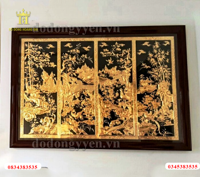 Tranh tứ quý bằng đồng dát vàng cao cấp
