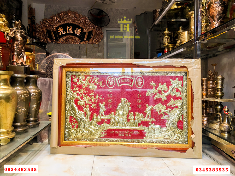 Tranh đồng mừng thọ bằng đồng vàng 