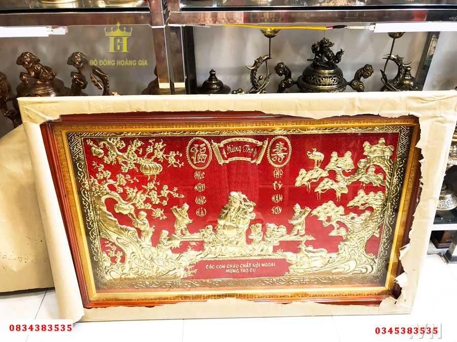 Tranh mừng thọ cụ ông bằng đồng hàng thủ công kỹ